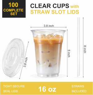 [100 Sets - 16oz] Plastic Cups with Lids and Straws, Disposable Cups for Iced Coffee, Smoothie, Milkshake, Cold Drinks - Clear