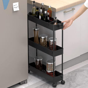 Slim Storage Cart,3 Tier Bathroom Rolling Slide Out Utility Cart, Mobile Shelving Unit Organizer Trolley for Office Bathroom Kitchen Laundry Room Narrow Places