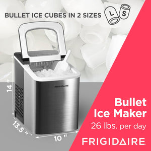 Compact Countertop Ice Maker, Makes 26 Lbs. Of Bullet Shaped Ice Cubes Per Day, Silver Stainless