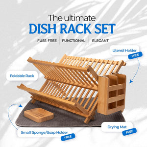 Kitchen Dish Drying Rack for Counter - Bamboo Wooden Collapsible Dishes 2 Tier Small Strainer Dishrack