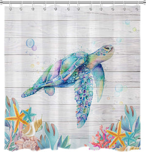 Sea Turtle Shower Curtain Beach Theme Turtle Starfish Corals Teal Ocean Marine Animals, 69x70 Inch Waterproof Fabric with 12 Hooks