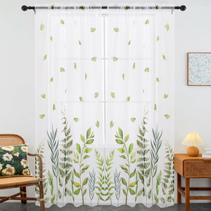 White Sheer Curtains Leaf Pattern Printed Semi-Sheer Curtain 63 Inches Long 2 Panels (W52 x L63, White&Green)