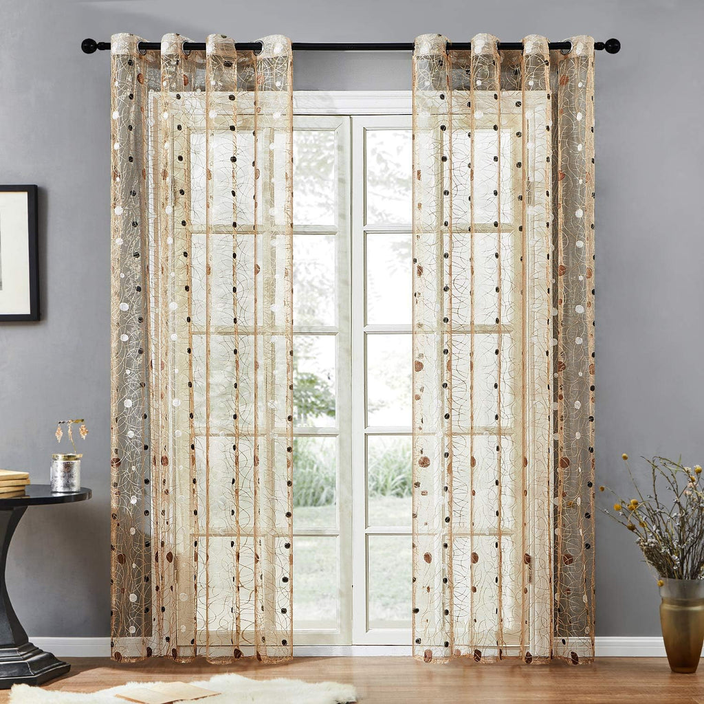Embroidered Dot Voile Sheer Curtains 84 Inches Long for Living Room Bedroom Grommet Window Treatments, 2 Panels, (Brown, 54 W x 84 L)