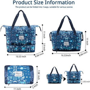 Large Capacity Foldable Travel Bag Expandable Portable Carry on Bag Dry&Wet Separation Sports Duffel Bags, Blue Flower