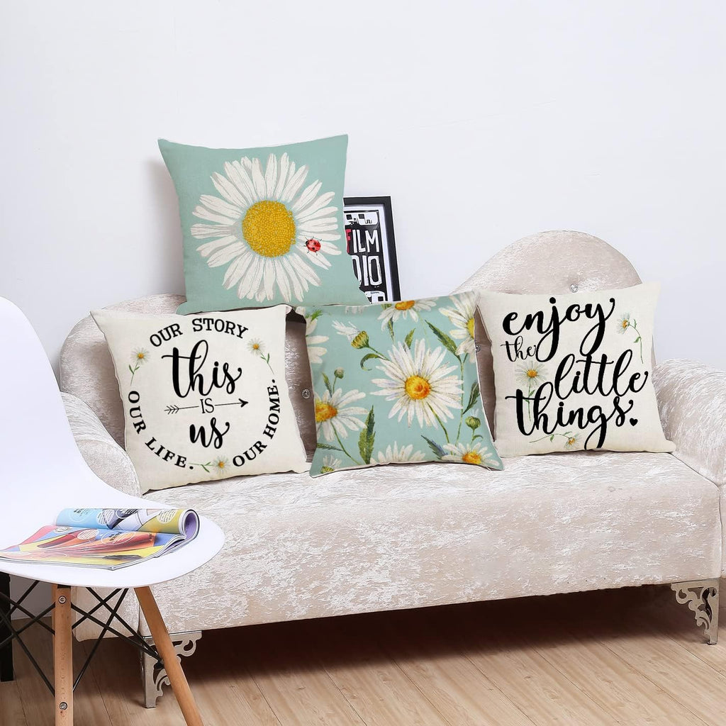Set of 4, Sunflower Decorative Spring Daisy Light Blue Cushion Case for Sofa Couch