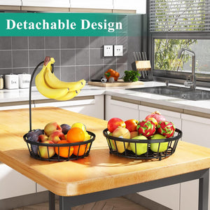 2-Tier Fruit Basket Bowl Stackable Vegetable Storage with Banana Tree Hanger Stand for Kitchen Countertop, Metal Wire Basket for Bread Onions Potatoes