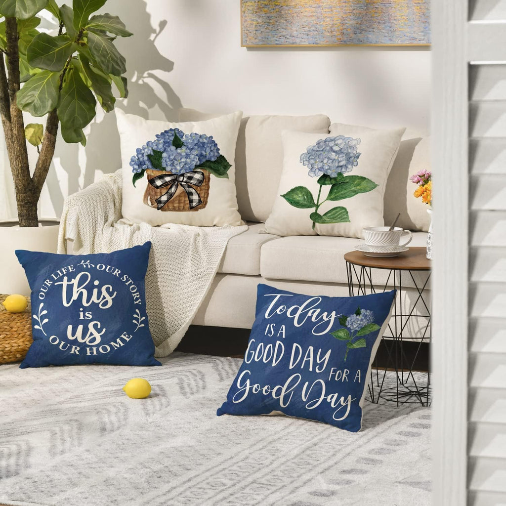 Blue Hydrangea Spring Summer Throw Pillow Covers, 18 x 18 Inch Today is A Good Day, Set of 4