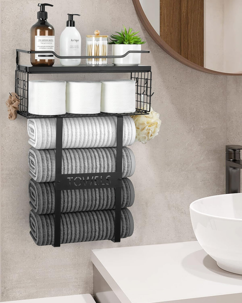 Bathroom Towel Rack Wall Mounted with Metal Shelf and 3 Hooks for Small Bathroom, Black, Round Tube