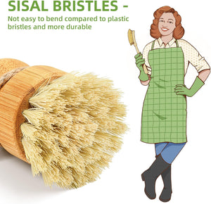 Kitchen Wooden Cleaning Scrubbers Set for Washing Cast Iron Pan/Pot, Natural Sisal Bristles, Set of 3