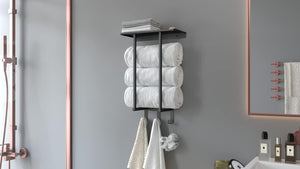 Bathroom Towel Rack Wall Mounted with Metal Shelf and 3 Hooks for Small Bathroom, Black, Round Tube