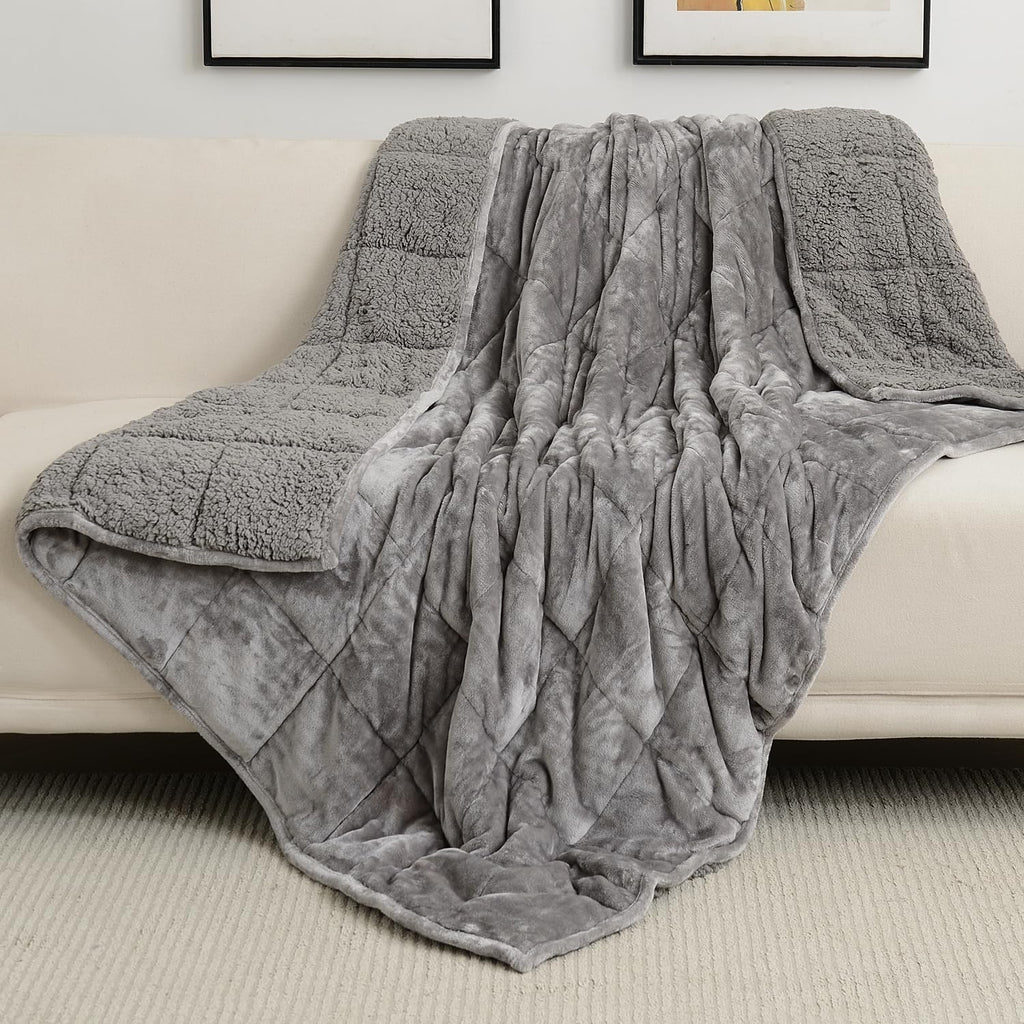 Sherpa Fleece Weighted Blanket for Adult, 15 lbs Dual Sided Cozy Fluffy Heavy Blanket (Grey, 48" x 72" 15lbs)