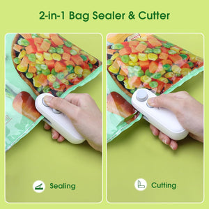 Mini Bag Sealer White, 2 in 1 Sealing & Cutting, Portable Handheld Rechargeable Vacuum Food Sealer for Snacks