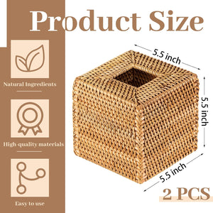 2 Pcs 5.5'' x 5.5'' x 5.5'' Square Rattan Tissue Box Cover Boho Wicker Tissue Cube Box Cover Decorative, Wood