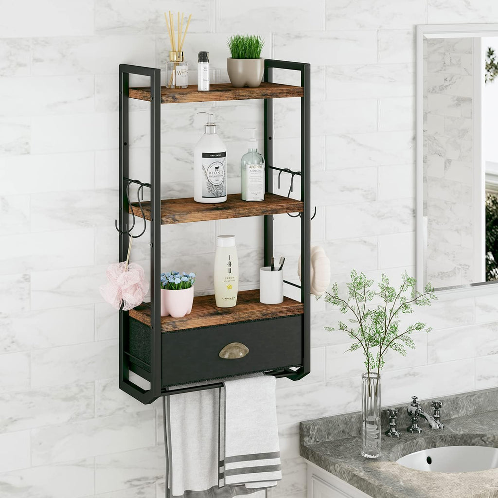 3 Tier Bathroom Towel Rack Shelf with Storage Drawer Double Towel Bars and Hooks