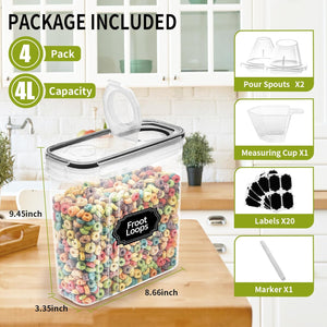 4PCS Cereal Containers Storage [4L/135.2 oz], Airtight Food Storage Containers with Pour Spout for Kitchen & Pantry Organization Storage, Plastic Cereal Dispensers, Measuring Cup & 20 Labels