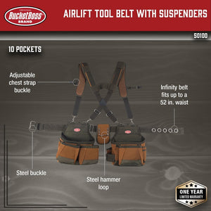 Tool Belt with Suspenders, Tool Belts - Original Series (50100) with 12 pockets, Brown , 52 Inch