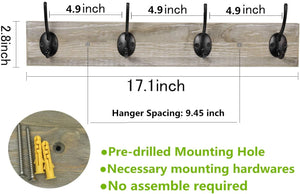 Wall Mounted Coat Rack, Wooden Entryway Vintage Rustic Coat Rack Hat Hanger Rack Zinc die-cast 4-Hook