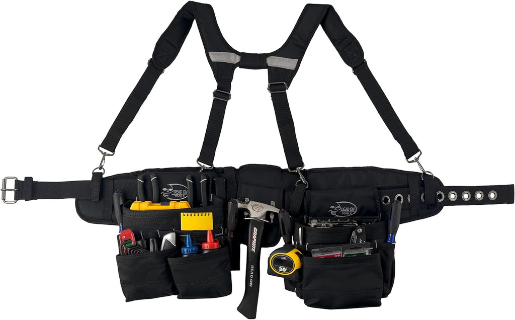 One Size Fits All 2-Bag Carpenter's and Framer's Construction Rig with Suspenders and 24 Pockets in Grey and Black