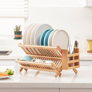 Dish Rack, Bamboo Folding 2-Tier Collapsible Drainer Dish Drying Rack with Utensils Flatware Holder Set (Dish Rack with Utensil Holder)