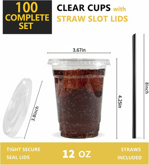 [100 Sets - 12oz Plastic Cups with Lids and Straws, Disposable Cups for Iced Coffee, Smoothie, Milkshake, Cold Drinks - Clear