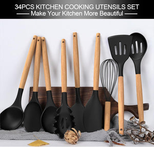 Silicone Cooking Utensils Set, 43Pcs Non-Stick Heat Resistant Kitchen Utensils Spatula Set with Wooden Handle for Baking, Cooking, and Mixing, Best Kitchen Gadgets Tools with Holder (Black)