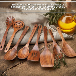 9 PCS Kitchen Utensils Set - Wooden Spoons for Cooking, Natural Teak Wooden Utensils - Includes Wooden Spoons