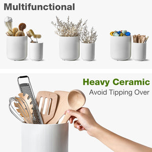 Large Kitchen Utensil Holder Set of 2, 7.3" + 5.4" Ceramic Cooking Utensil Holder for Countertop, Large Utensils Crock