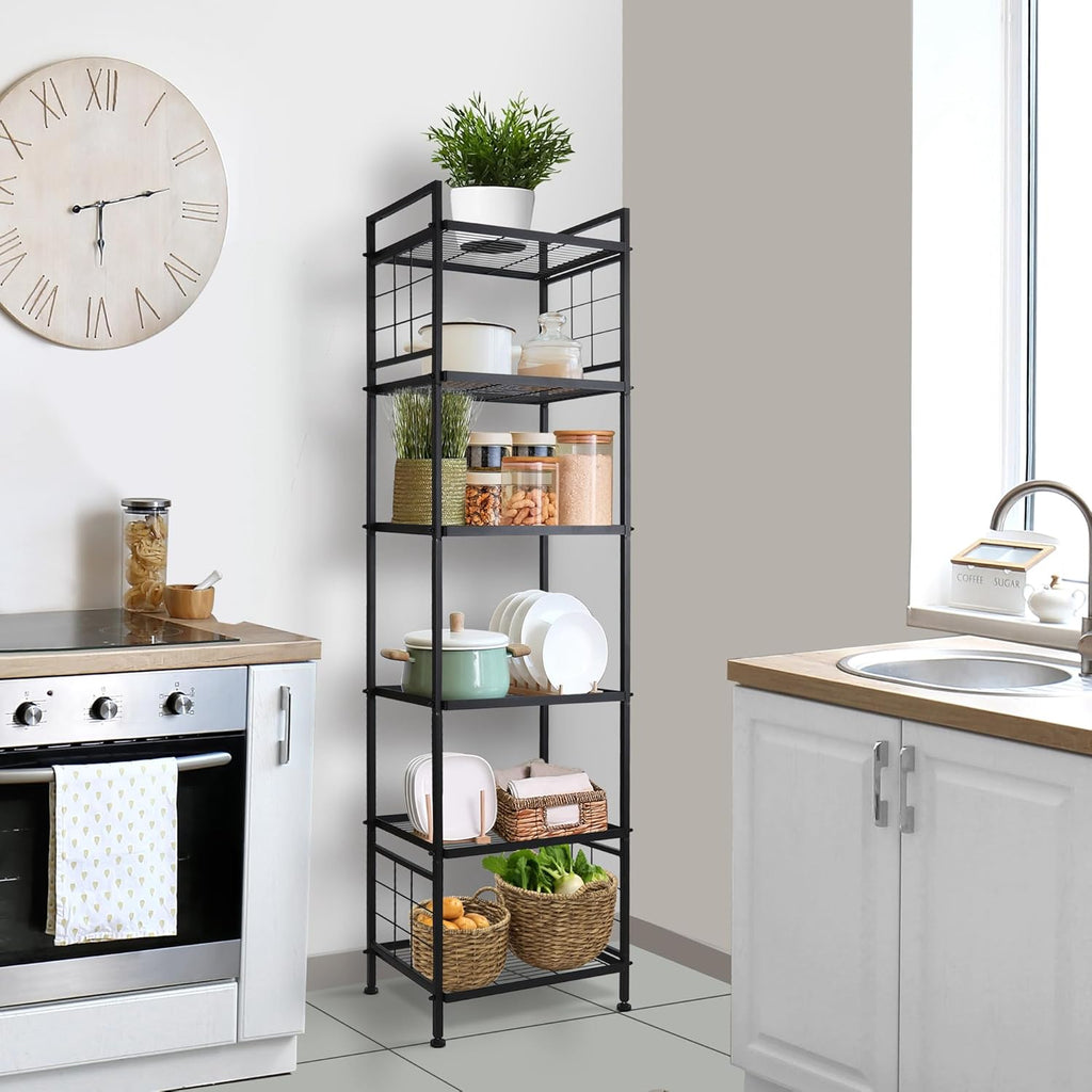 6-Wire Standing Storage Shelf, Metal Shelving Unit Pantry Rack for Laundry Kitchen Bathroom Organizer (Black)
