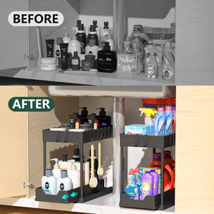 Under Sink Organizers and Storage 2 Pack - 2 Tier Sliding Bathroom Cabinet Organizer with Hooks