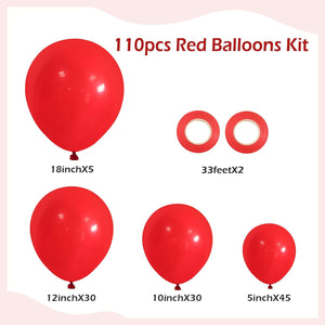 110pcs Red Balloon Garland Arch Kit, 18 12 10 5 inch Red Latex Balloons Different Sizes Pack