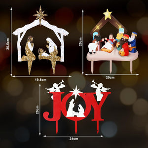 3Pcs Metal Holy Nativity Yard Sign with Stakes Lighted Outdoor Christmas Decorations