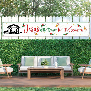 Nativity Christmas Sign Banner Jesus is the Reason for the Season Outdoor Christmas Decorations, 9.8 x 1.6 FT (Green, White)