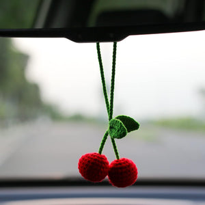 Cherry Handmade Crochet Car Ornament, Woven Rearview Hanging Charm