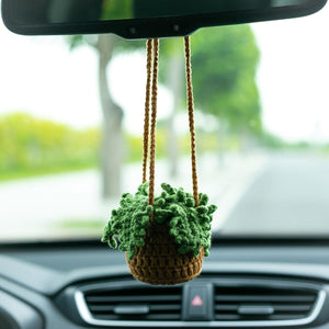 Succulent Handmade Crochet Car Ornament, Woven Rearview Hanging Charm, Green Flower