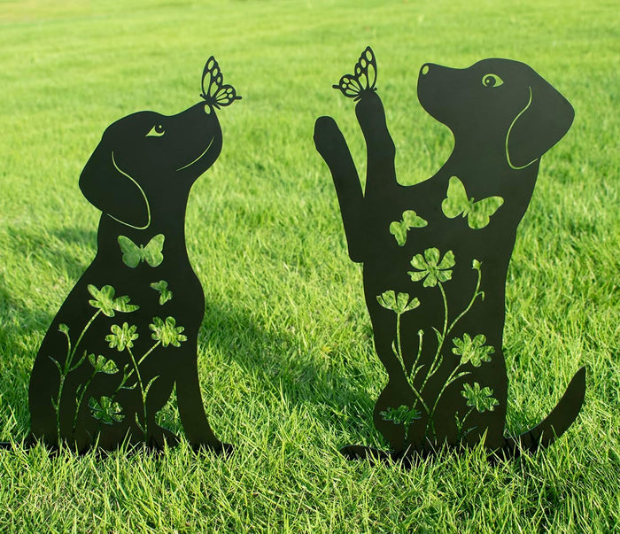 17" Puppy Decorative Garden Stakes, Black Dog Silhouette Outdoor Decor, 2 Pack