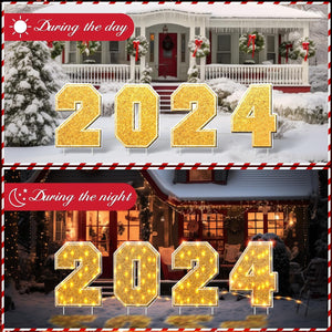 Christmas Happy New Year Decorations Outside Number 2024 Yard Signs with LED String Light