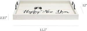 Champagne Toast Decorative Wood Serving Tray w/ Handles, 15.50" x 12", Light Gray Happy New Year