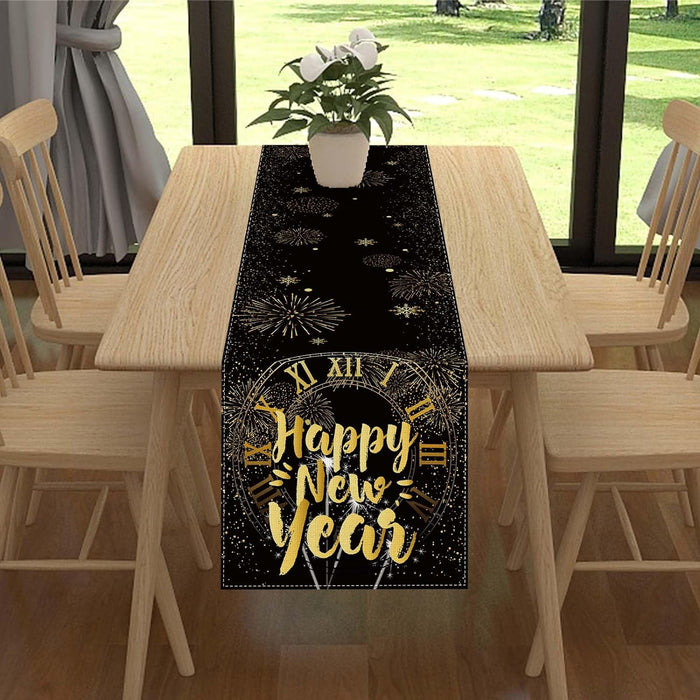 Linen Black and Gold Happy New Year Table Runner 72 Inches Long