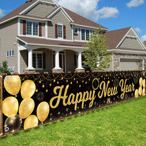 Black and Gold Happy New Year Banner Yard Sign Fireworks Stars Balloons