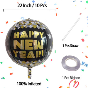 22 Inch Happy New Year Mylar Balloons, 10 Pcs Large 4D Giant Round Foil Balloon Metallic Balloons