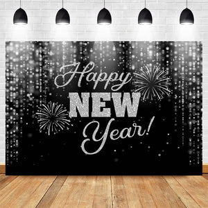 Happy New Year Backdrop Cheers to The New Year Black Silver Glitter Background