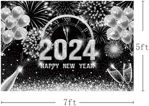 7x5ft Black and Silver 2024 Happy New Year Backdrop