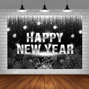 7x5ft Happy New Year Backdrop Black Silver Glitter Bokeh Fireworks Photography Background