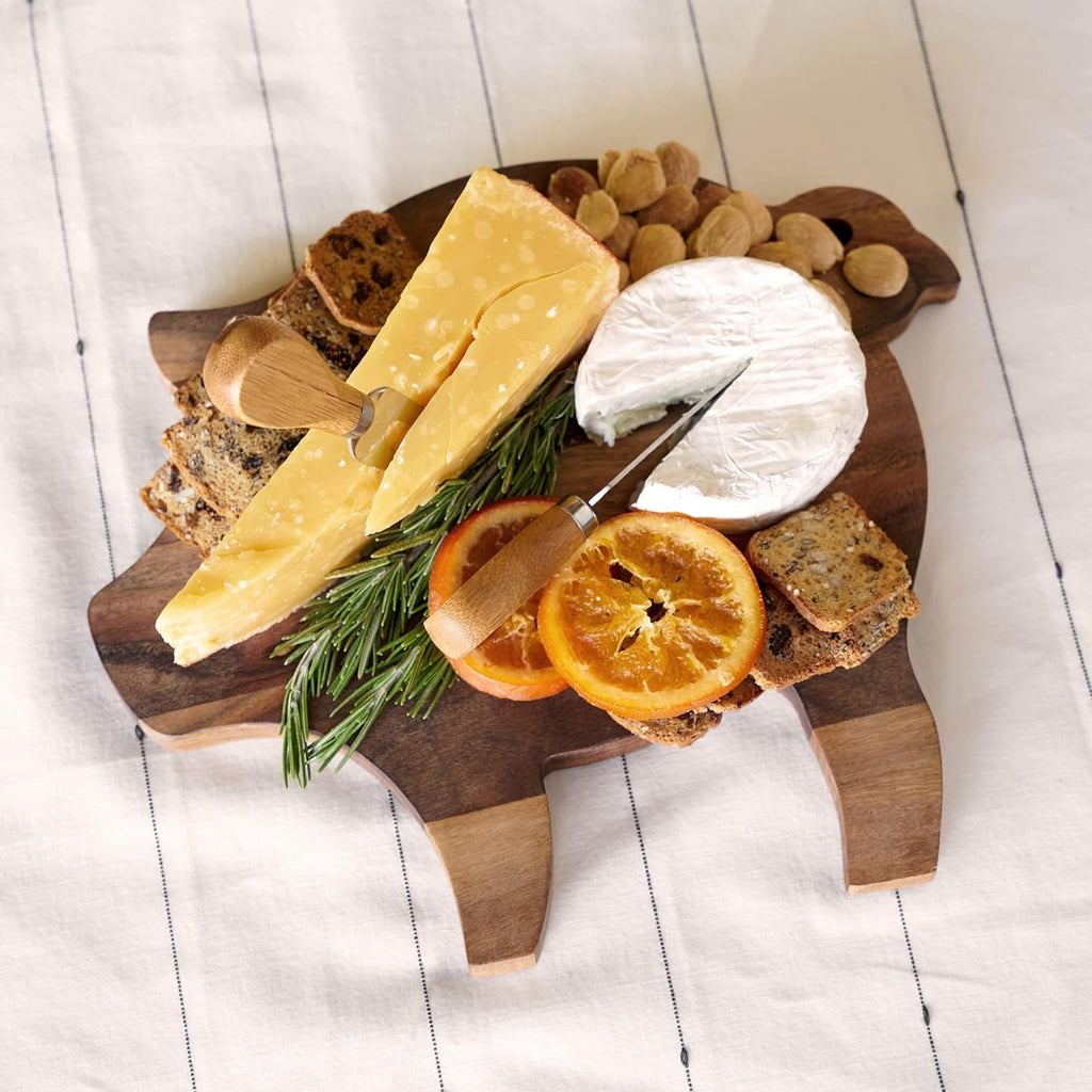 Rustic Farmhouse Pig Acacia Wood Cheese Board, Natural Wood, 11" by 9.8", Cute Gourmet Gift