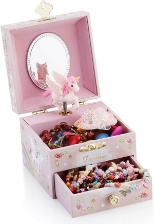 Kids Musical Jewelry Box for Girls with Drawer and Jewelry Set with Mysterious Unicorn