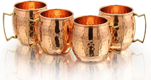 Pure Copper Hammered Mugs with Copper Straws & Wooden Coasters Set of 4