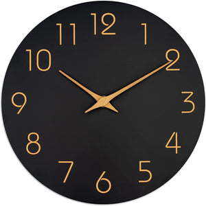 14 Inch Black Battery Operated Silent Non-Ticking - Simple Minimalist Rose Gold Numbers, Blackj