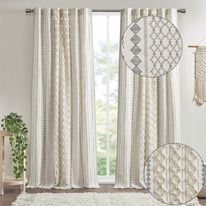 Curtain Tufted Chenille Stripe Geometric Print Mid-Century Look Rod Pocket Top, SIngle Panel, 50" x 84", Ivory