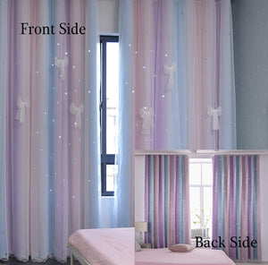 Hollow-Out Star Window Nursery Curtain 72 inches Length Room Darkening Grommet 2 Layers (Pink Purple, W52 X L72)