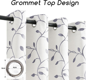 Grey Leaf Pattern Grommet Curtains 84 inch Length for Bedroom Grayish White Cotton Linen, 2 Panels